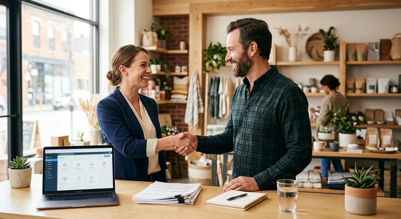 Business owners shaking hands with business insurance protection