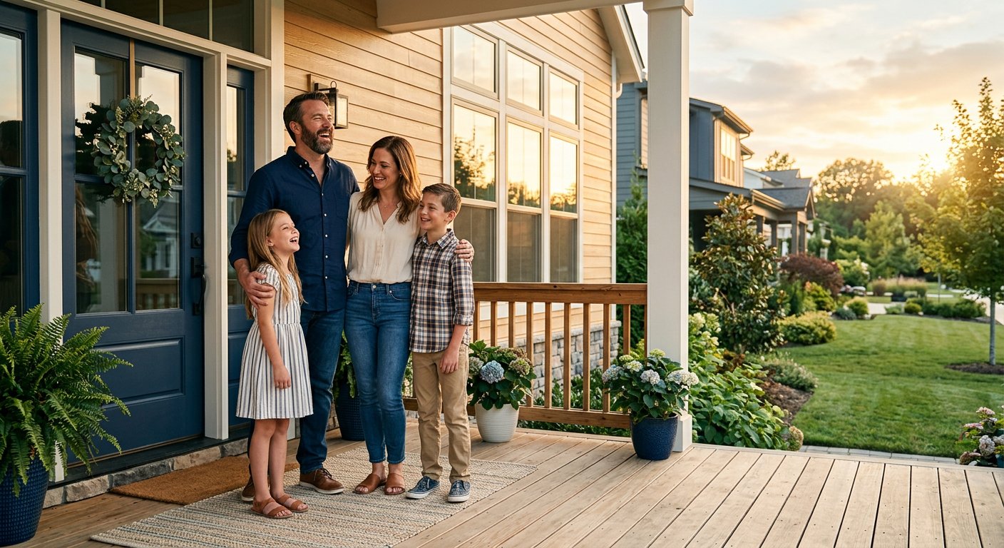 A family protected by Smart Coverage Protect standing outside their home
